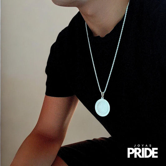 Colgante Medalla Grande Bordeado Plata Italiana 980